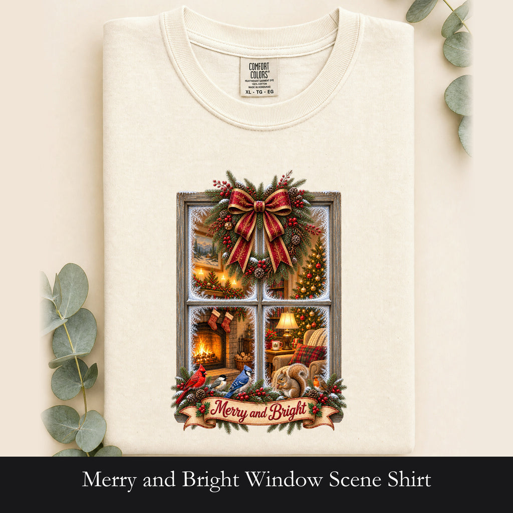 Merry and Bright Window Scene Shirt | Christmas Bow, Wreath, Candlelights