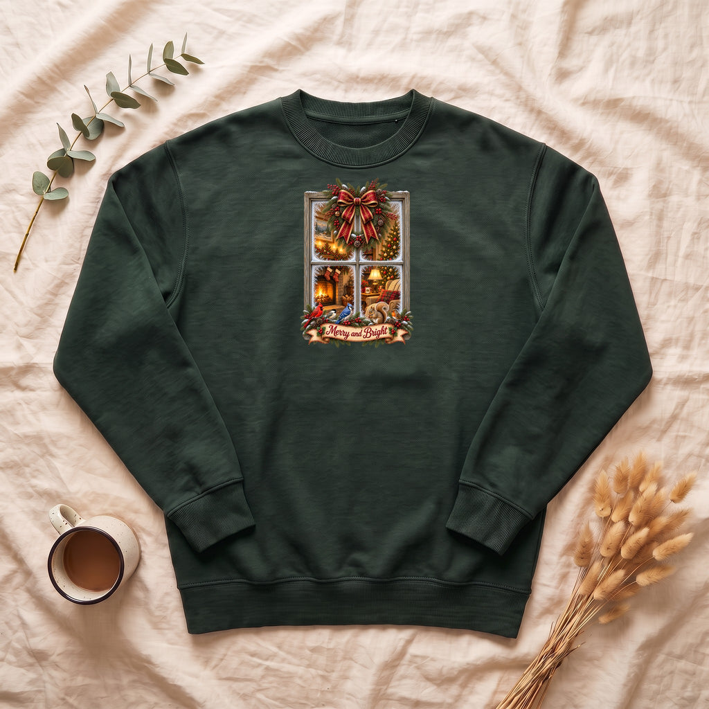 Merry and Bright Window Scene Sweatshirt | Christmas Bow, Wreath, Candlelights