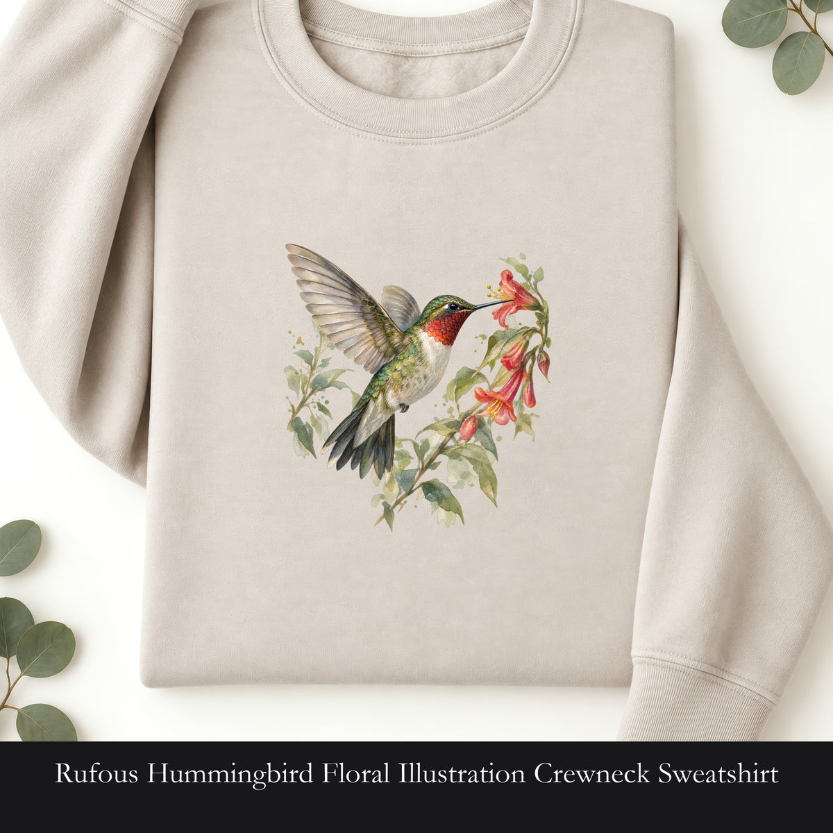 Rufous Hummingbird Floral Illustration Crewneck Sweatshirt | Bird Nature Tee