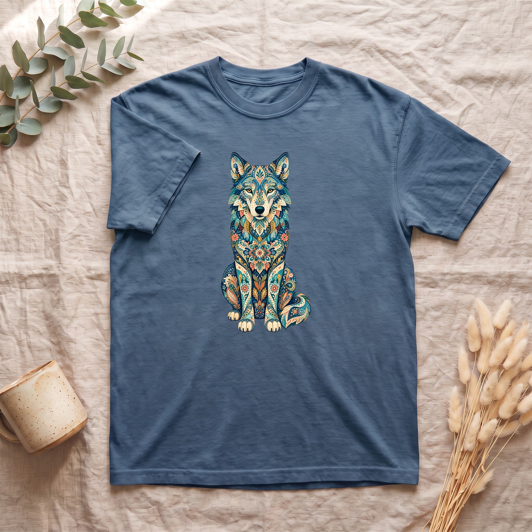 Boho Wolf Shirt, Folk Art Wolf Tee, Japanese Pattern Wolf Lover Gift, Vintage Floral Wolf Sweatshirt