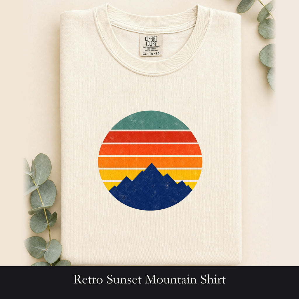 Retro Sunset Mountain Shirt, Vintage Nature Tee, Hiking Outdoor Gift, 70s Landscape Shirt