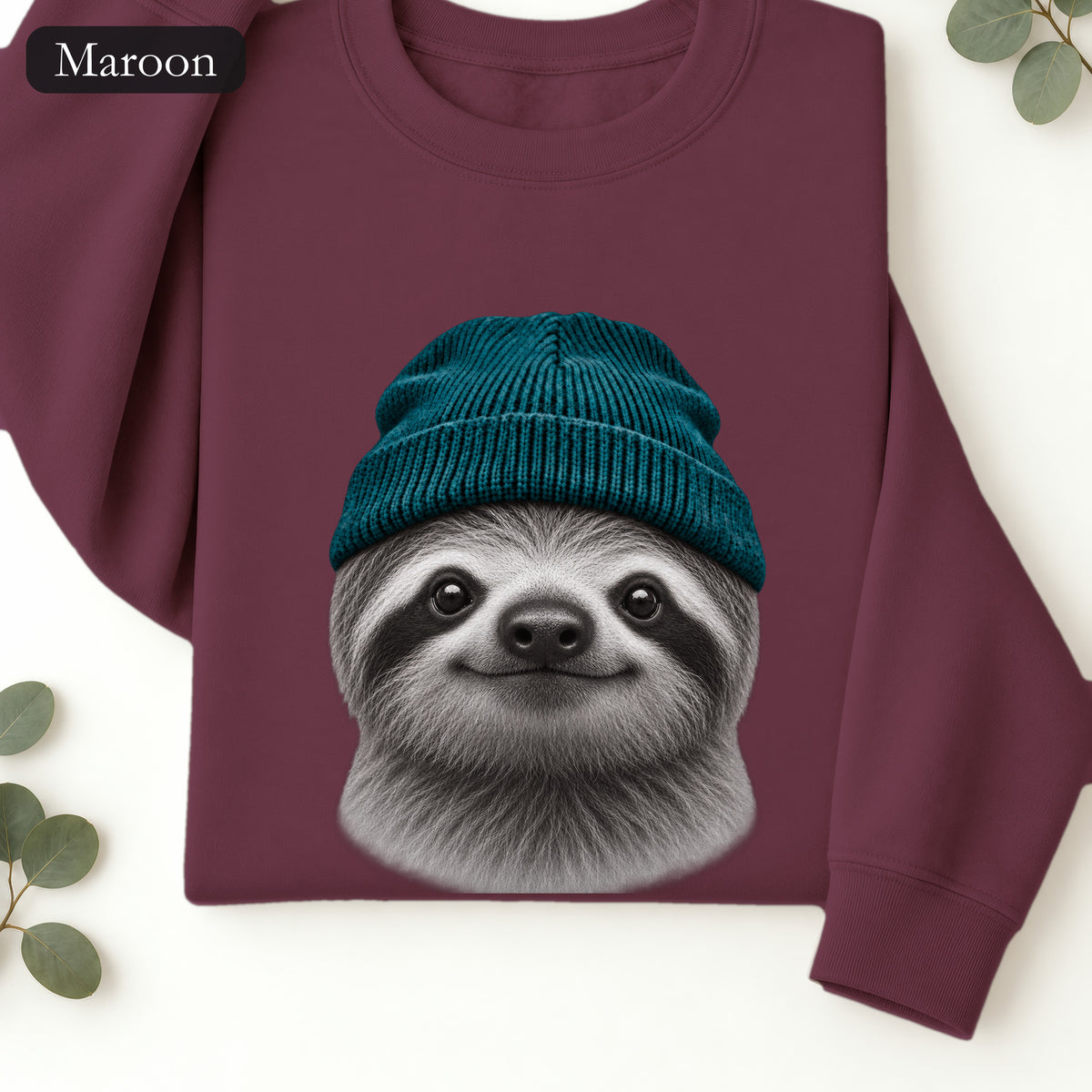 Sloth Wearing Knit Beanie | Cozy Winter Animal Crewneck