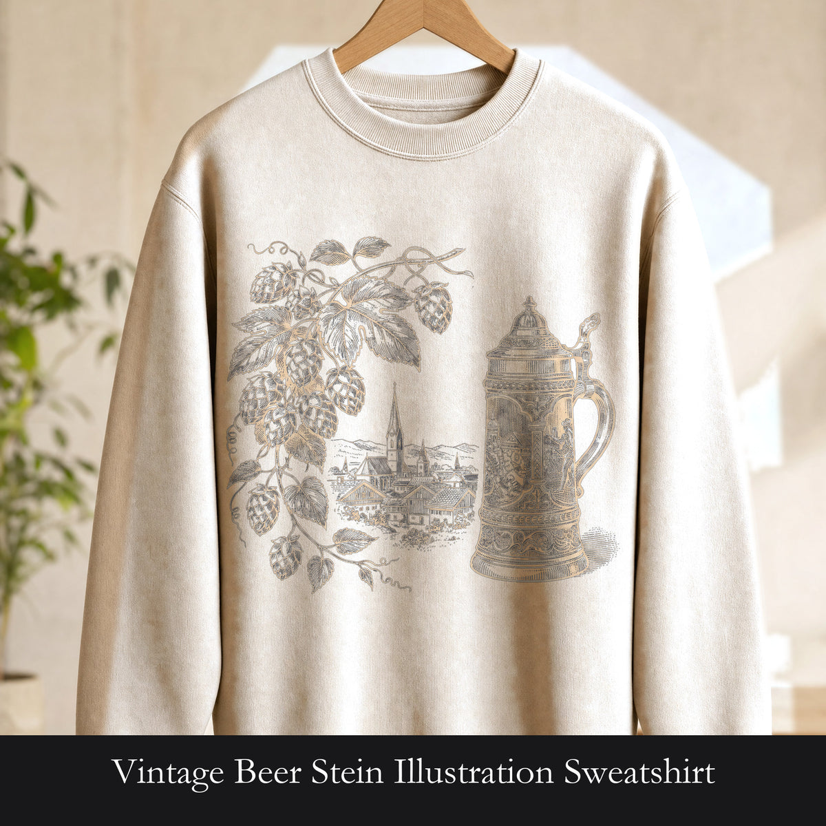 Vintage Beer Stein Illustration Sweatshirt | Hops Vine Scenic Design