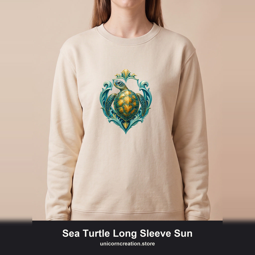 Sea Turtle Long Sleeve Sun Shirt, Painterly Turtle Crest Swim Tee, Beach Ocean Lover Gift, Coastal Swim Sweatshirt