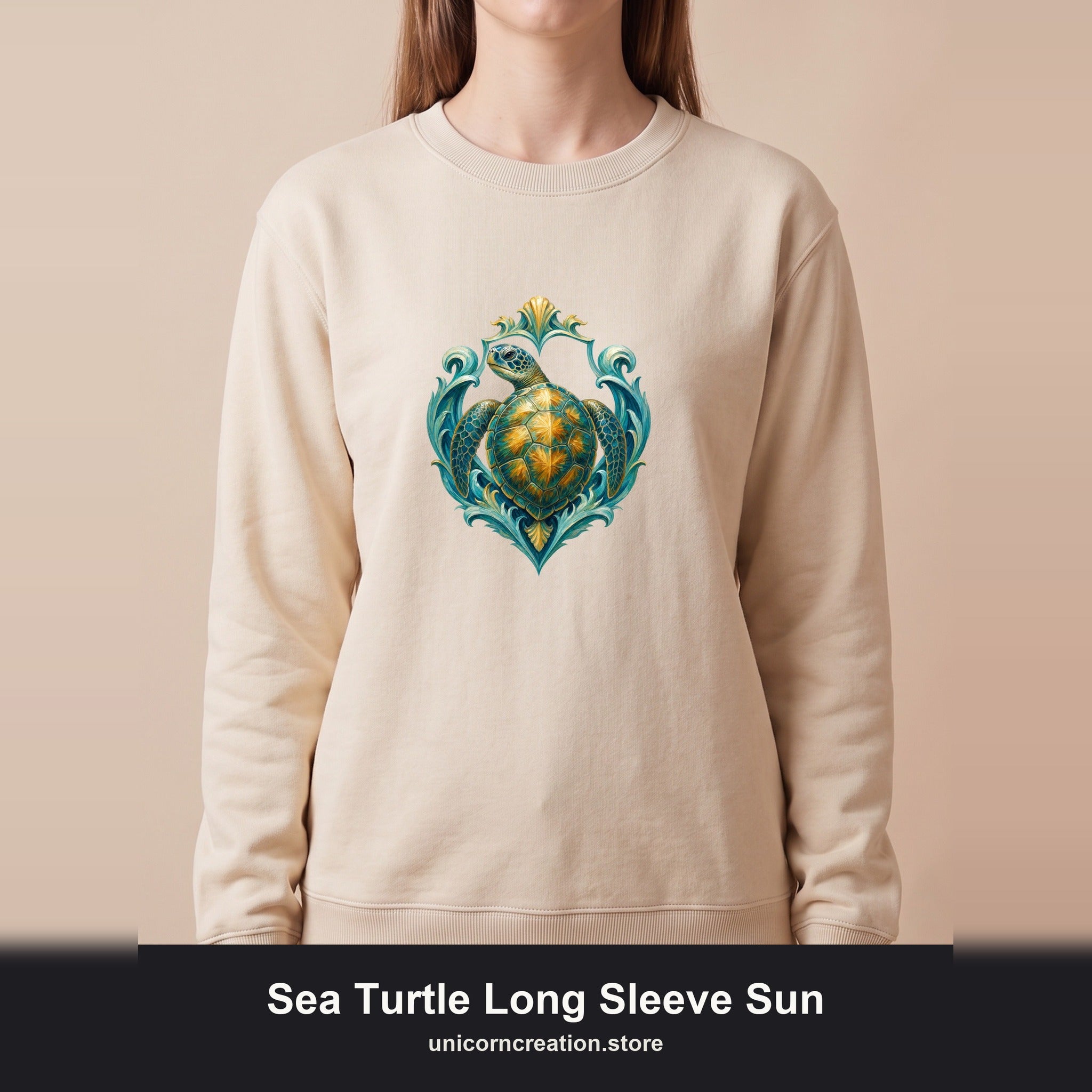 Sea Turtle Long Sleeve Sun Shirt, Painterly Turtle Crest Swim Tee, Beach Ocean Lover Gift, Coastal Swim Sweatshirt