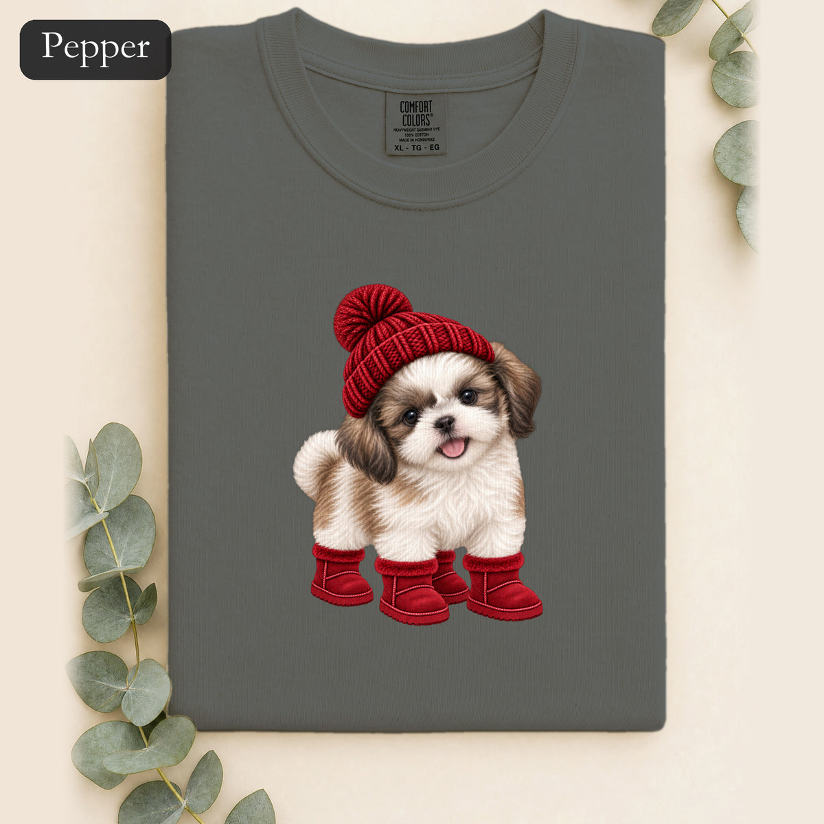 Shih Tzu Puppy in Red Beanie & Boots Shirt | Cute Dog Tee