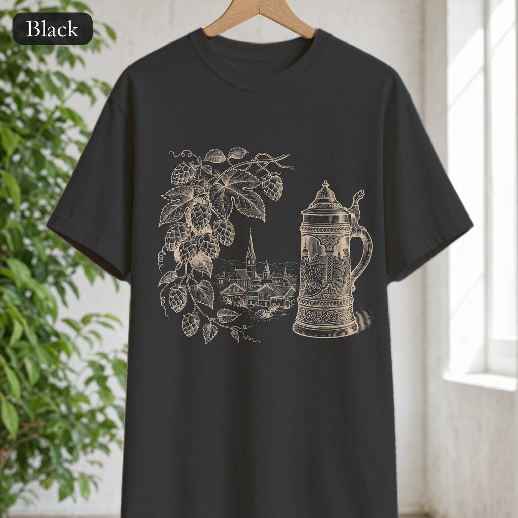 Vintage Beer Stein Illustration Shirt | Hops Vine Scenic Design