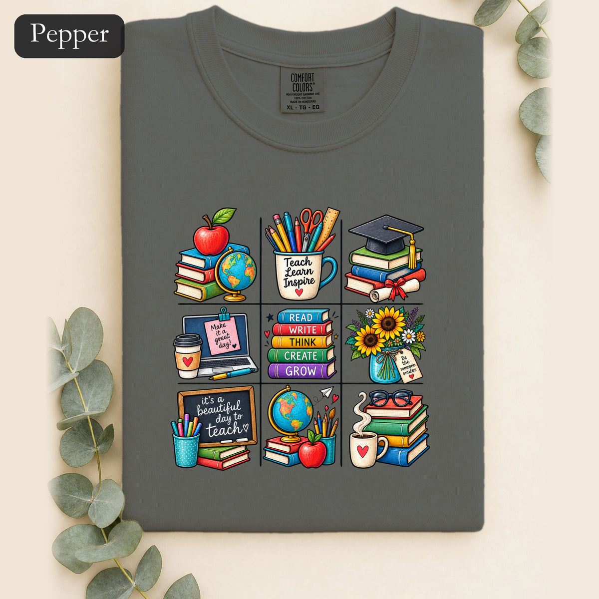 Teacher Classroom Icons Shirt | Books, Globe, Apple, Chalkboard