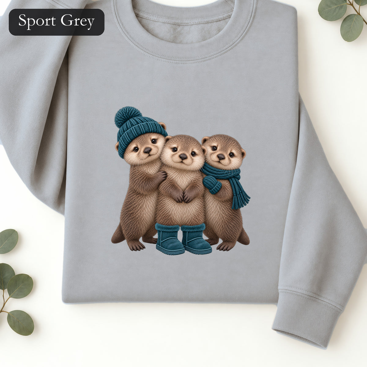 Three Otters Wearing Winter Hats Boots sweatshirt | Cute Otter Trio Design
