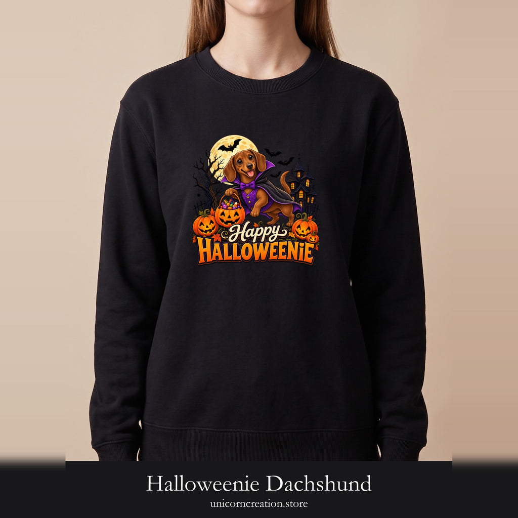 Halloweenie Dachshund Sweatshirt, Happy Halloweenie Crewneck, Cute Dog Pumpkin Halloween Gift, Doxie Lover Shirt