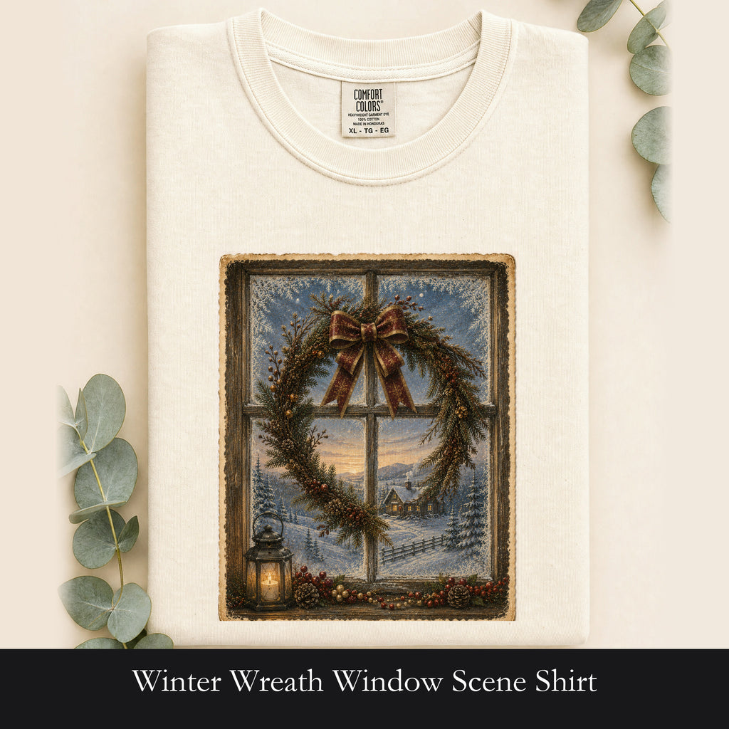 Winter Wreath Window Scene Shirt | Vintage Holiday Postcard