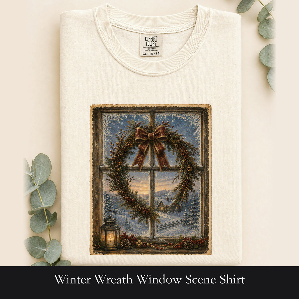 Winter Wreath Window Scene Shirt | Vintage Holiday Postcard