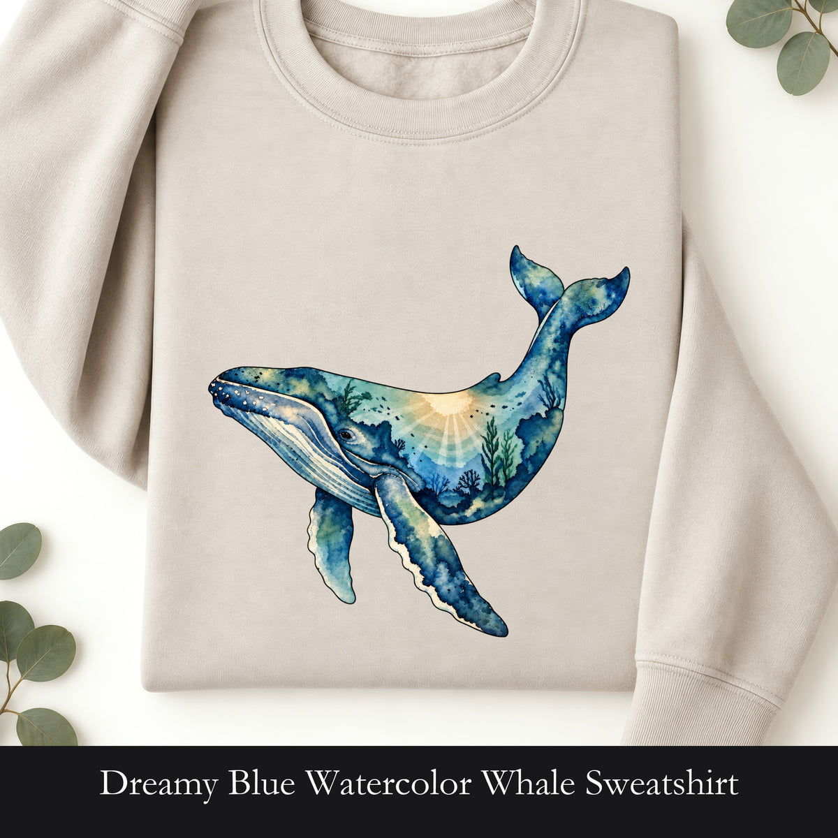 Dreamy Blue Watercolor Whale Sweatshirt | Ocean Marine Mammal Art