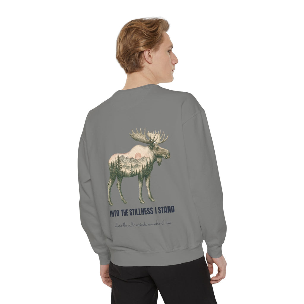 Into the Stillness I Stand Shirt, Moose Double Exposure Tee, Mountain Wilderness Camping Gift, Woodland Nature Sweatshirt