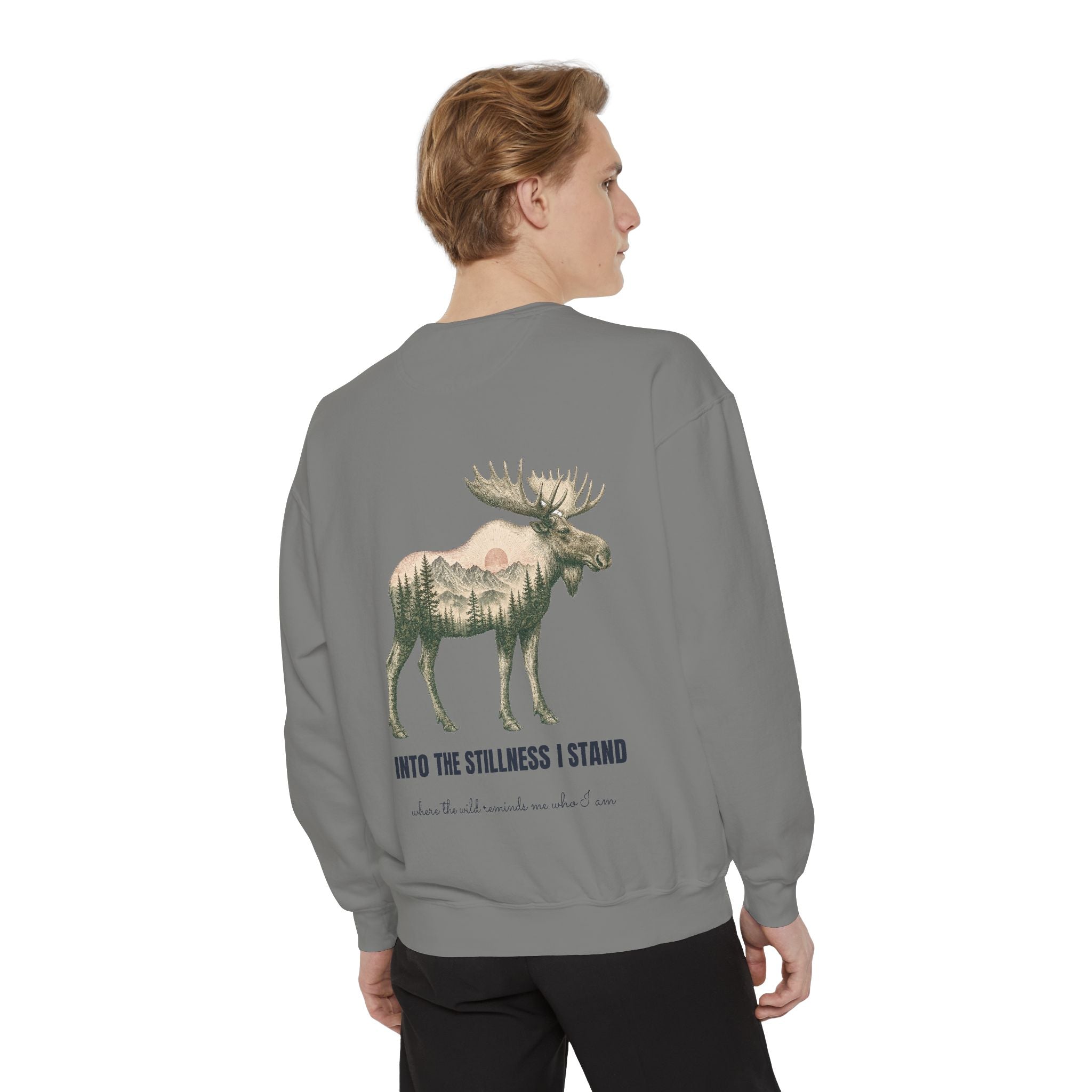 Into the Stillness I Stand Shirt, Moose Double Exposure Tee, Mountain Wilderness Camping Gift, Woodland Nature Sweatshirt