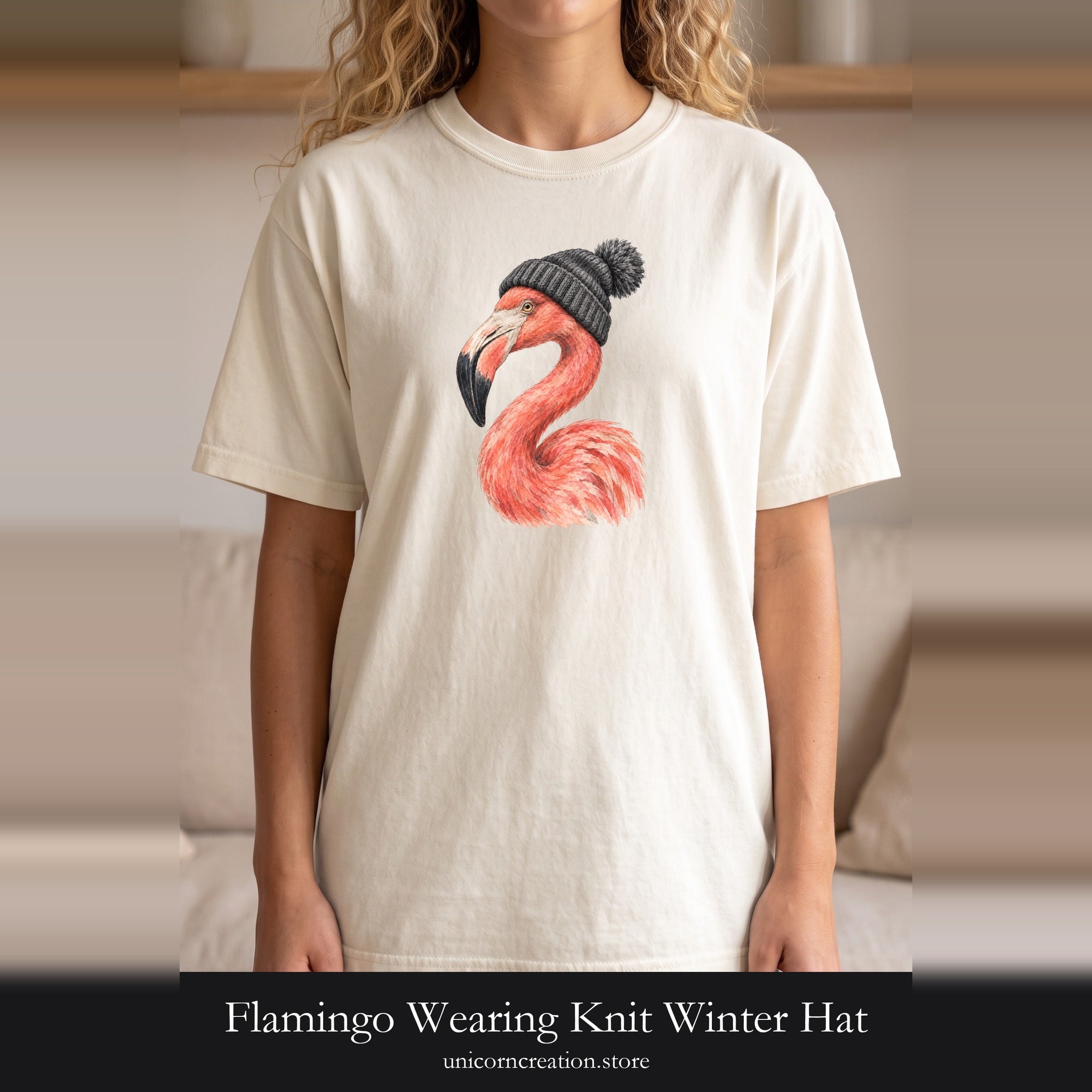Flamingo Wearing Knit Winter Hat Shirt | Cozy Holiday Bird Tee