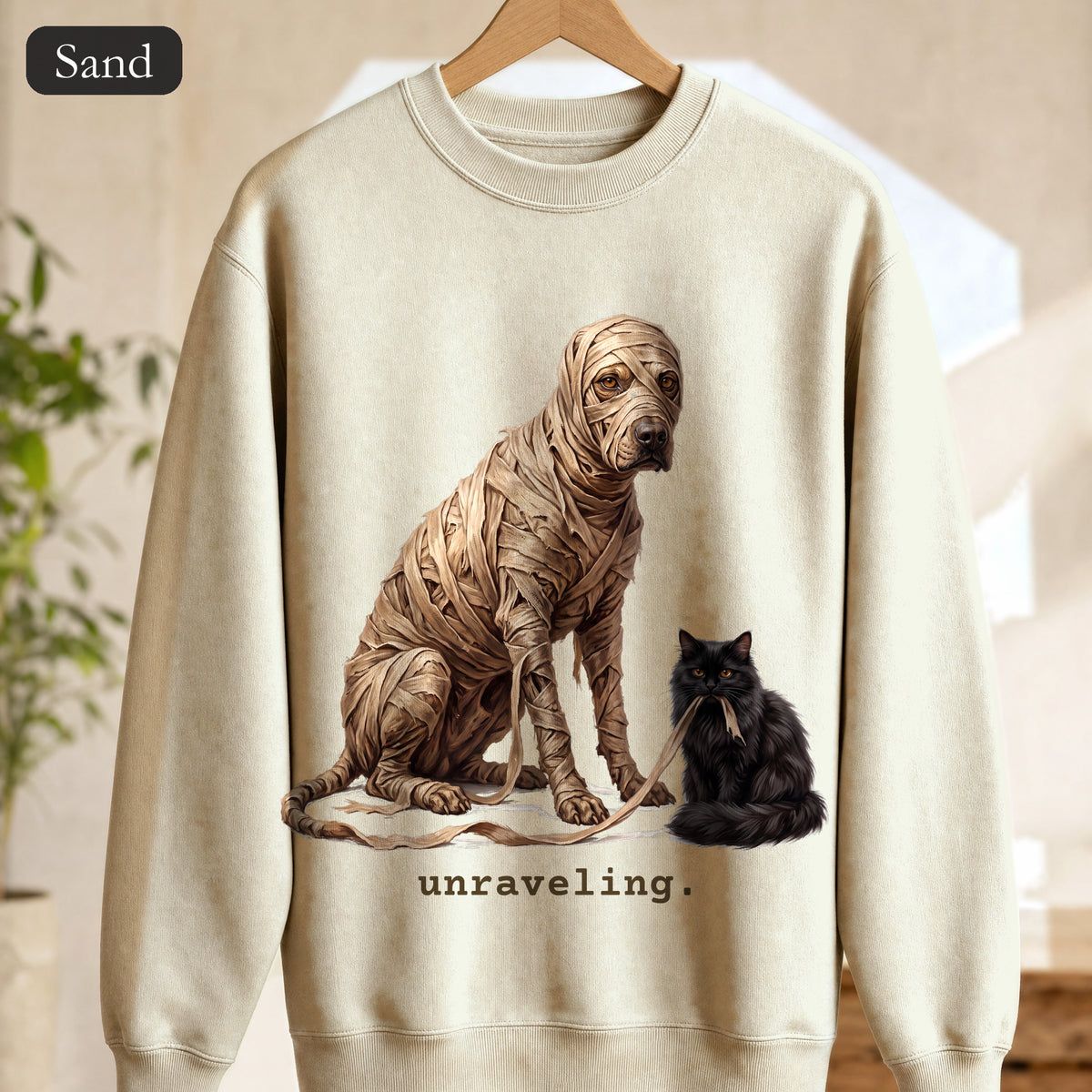 Unraveling Mummy & Cat Sweatshirt, Funny Halloween Mummy Crewneck, Cozy Deadpan Spooky Sweatshirt, Black Cat Lover Gift