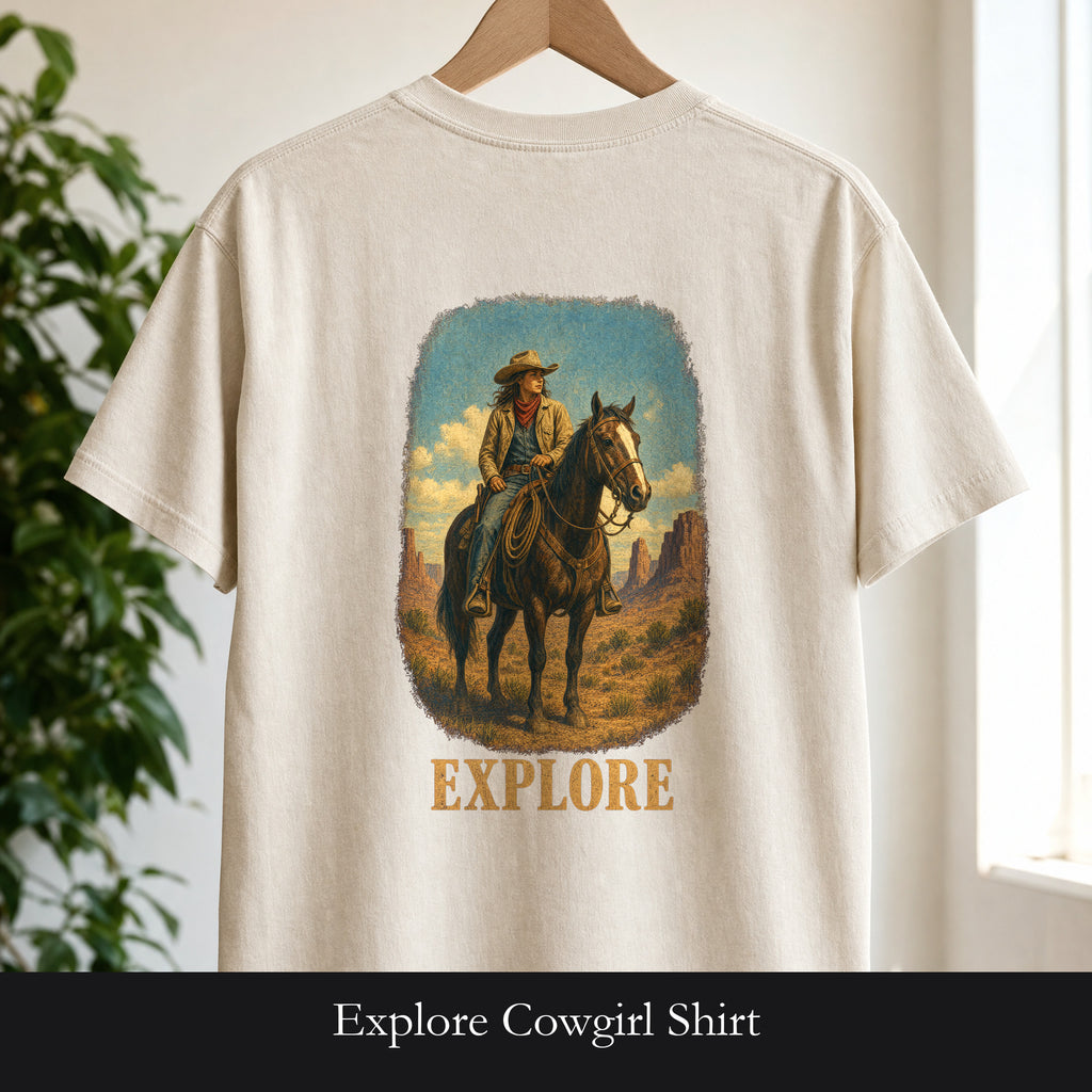 Explore Cowgirl Shirt, Vintage Western Horse Tee, Desert Trail Rider Tee, Sheriff Star Cowgirl Gift