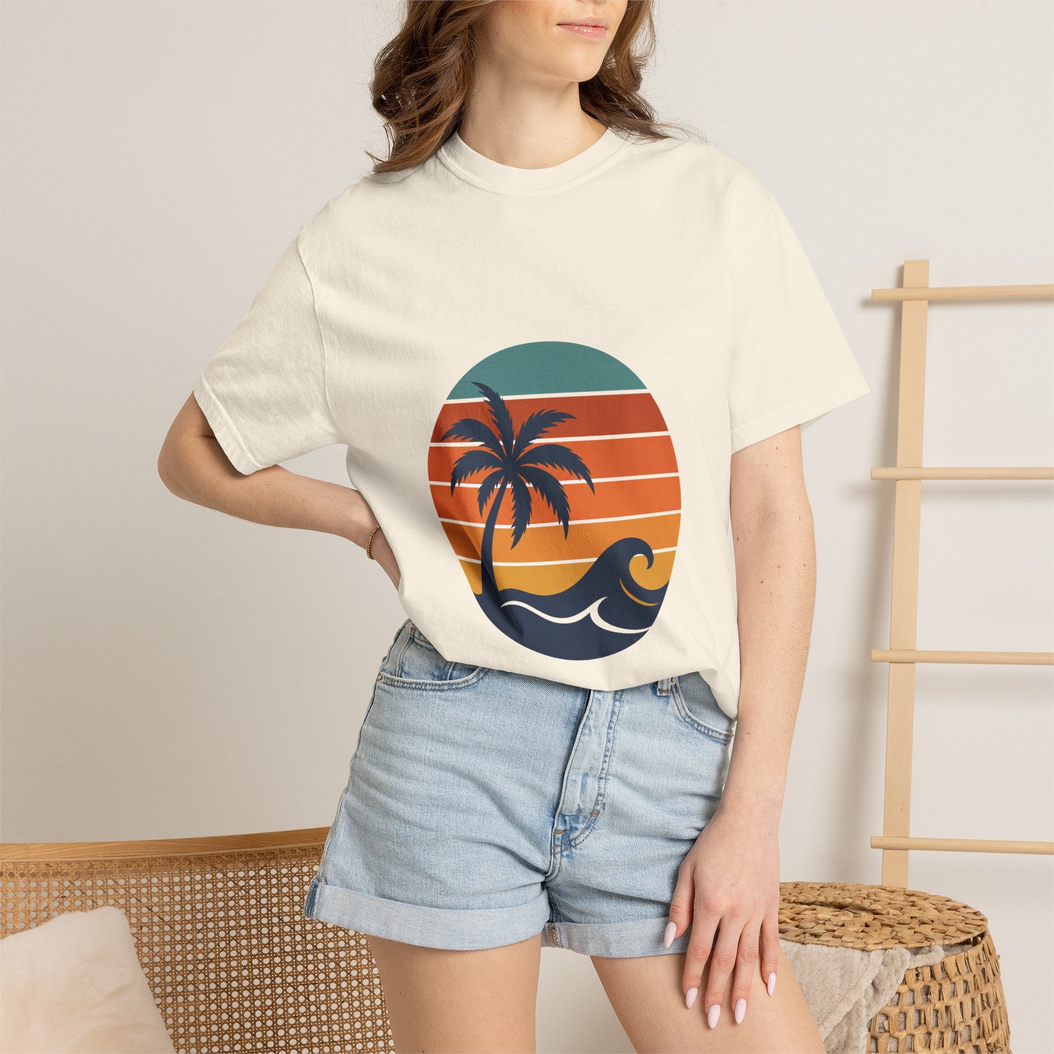 Retro Sunset Beach Shirt, Vintage Palm Tee, Ocean Surf Gift, 70s Coastal Landscape Sweatshirt