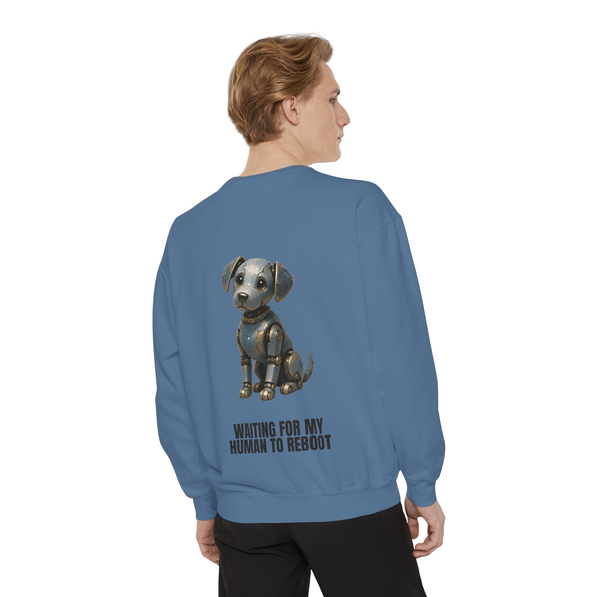 Waiting for My Human to Reboot Shirt, Funny Robot Dog Tee, Tech Programmer Gift, Sci-Fi AI Humor Sweatshirt