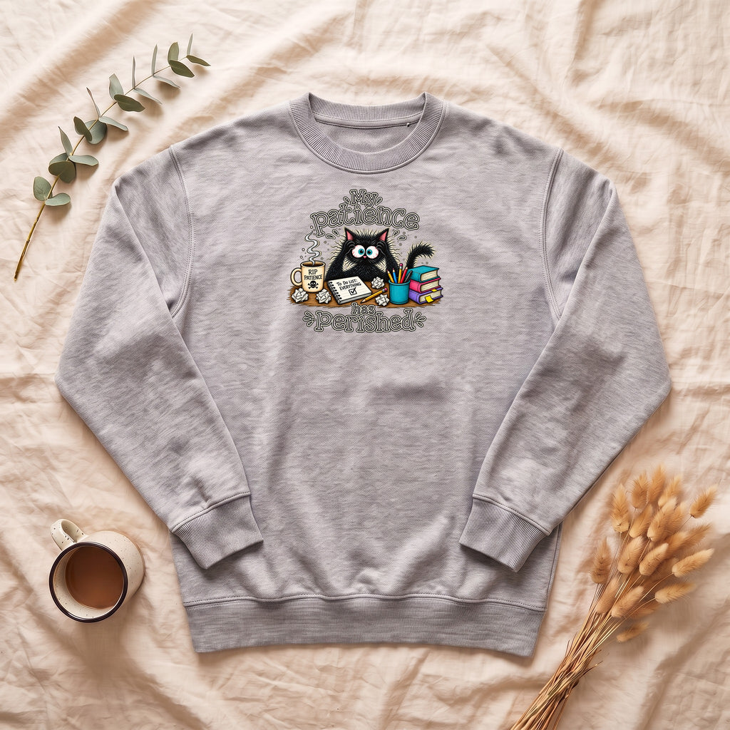 My Patience Has Perished cat crewneck sweatshirt | Cute grumpy cat illustration, coffee and books