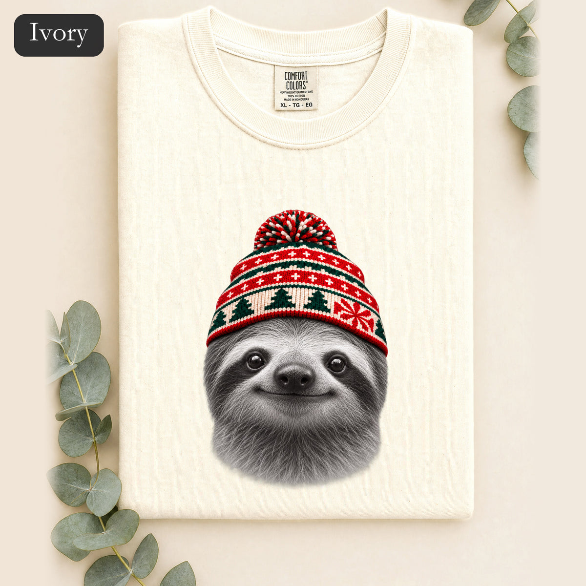 Sloth Wearing Christmas Knit Beanie | Cozy Winter Animal Tee