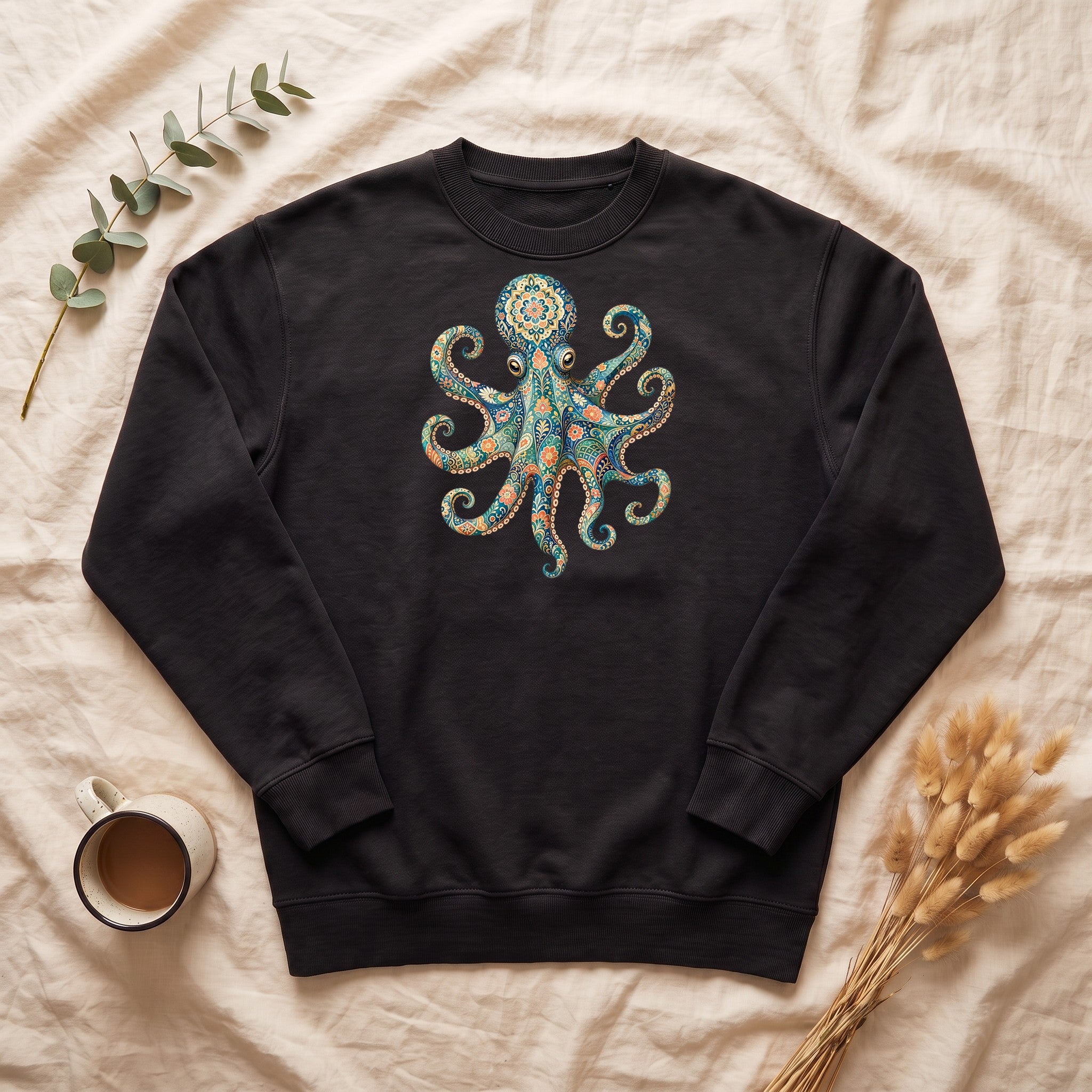 Boho Octopus Shirt, Folk Art Octopus Tee, Japanese Pattern Ocean Lover Gift, Vintage Floral Octopus Sweatshirt