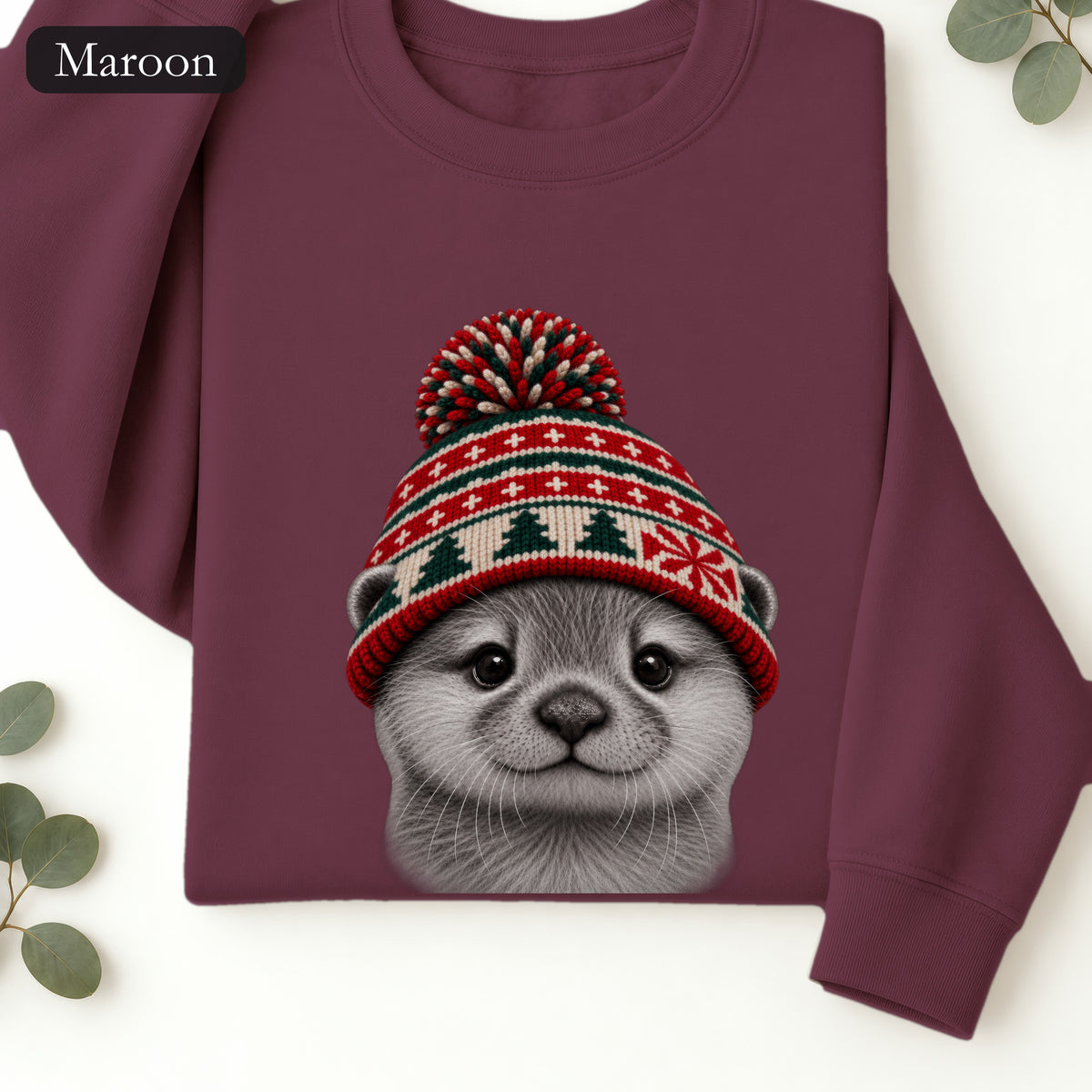 Otter Wearing Knit Christmas Winter Hat Sweatshirt | Cute Holiday Animal Crewneck