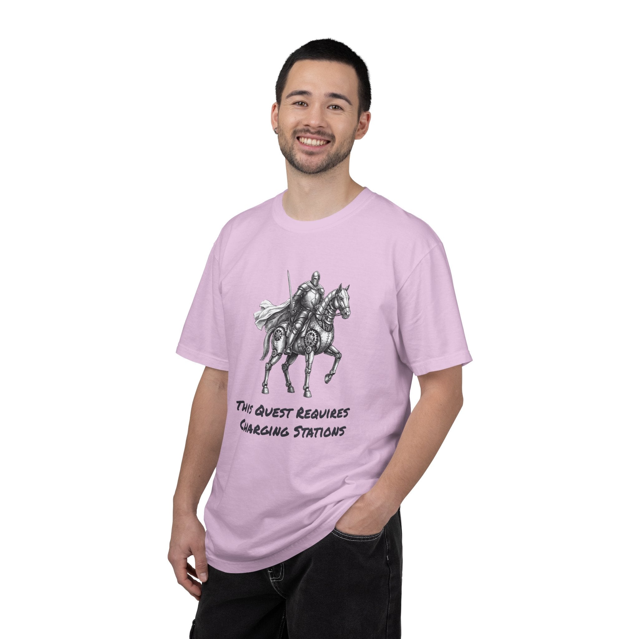 Knight & Robot Steed T-Shirt — This Quest Requires Charging Stations