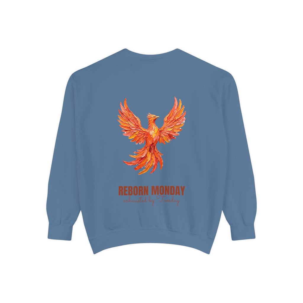 Reborn Monday Exhausted by Tuesday Shirt, Funny Phoenix Tee, Work Week Humor Gift, Painterly Fantasy Sweatshirt