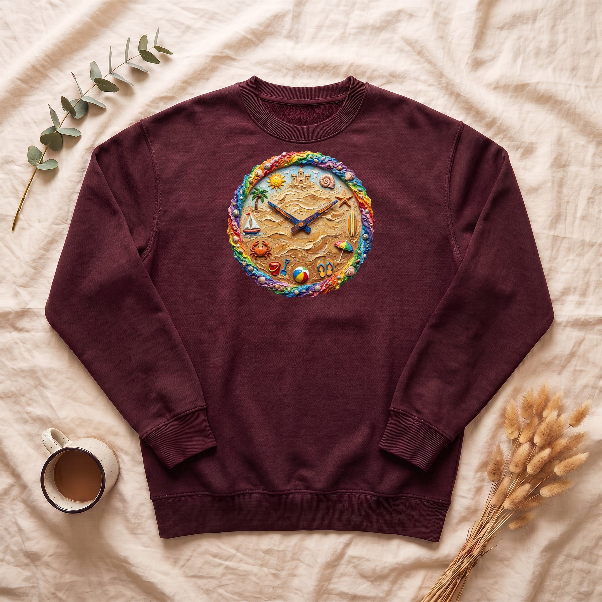 Beach Clock Shirt, Dreamy Coastal Art Tee, Surreal Beach Lover Gift, Summer Ocean Sweatshirt