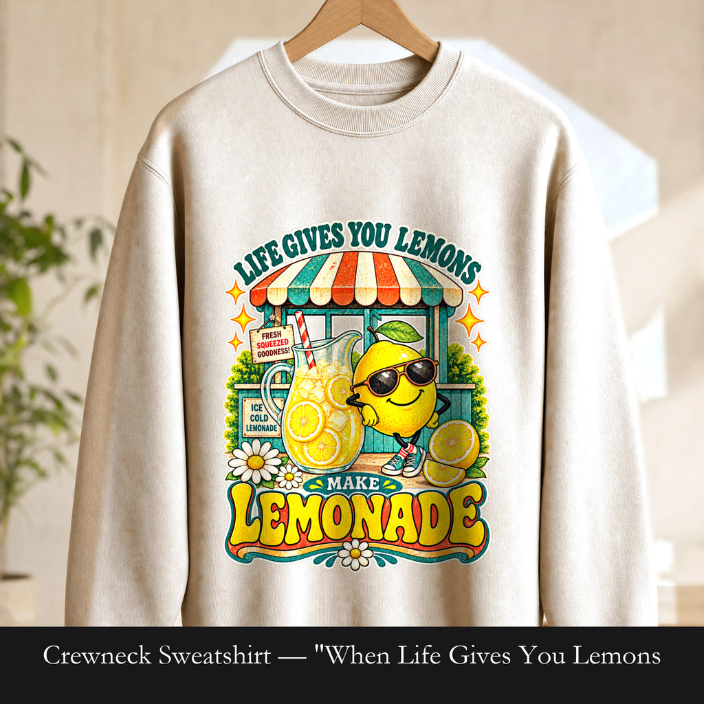 Crewneck Sweatshirt — "When Life Gives You Lemons, Make Lemonade" Cute Lemon Stand Graphic