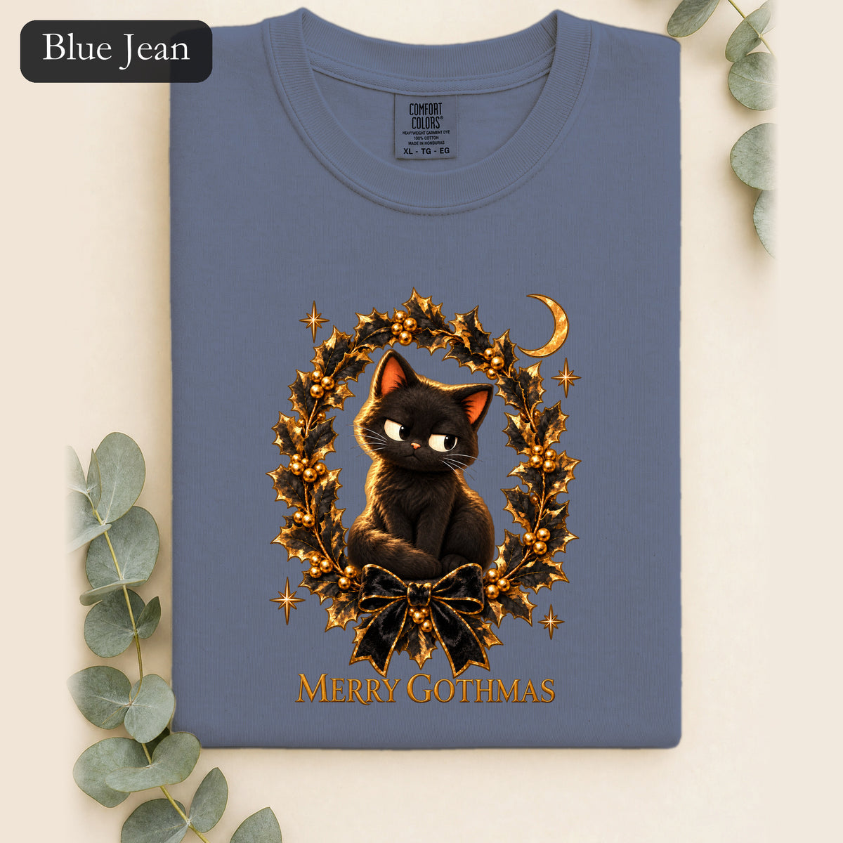 Merry Gothmas Black Cat Shirt | Gothic Christmas Holly Wreath and Crescent Moon Tee, Spooky Cat Lover Holiday Gift