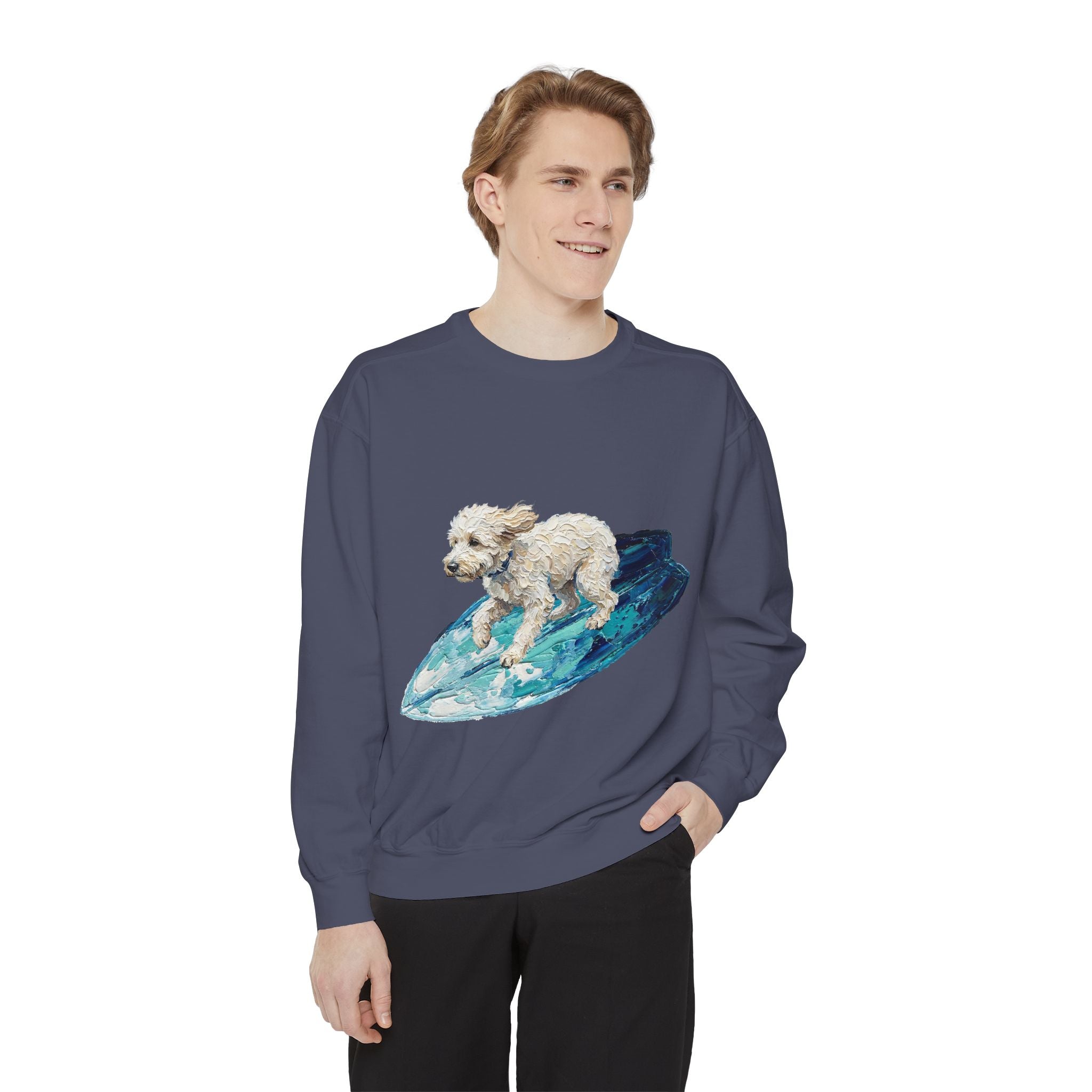Surfing Dog Shirt, Painterly Surf Dog Tee, Beach Coastal Dog Lover Gift, Summer Ocean Dog Mom Sweatshirt