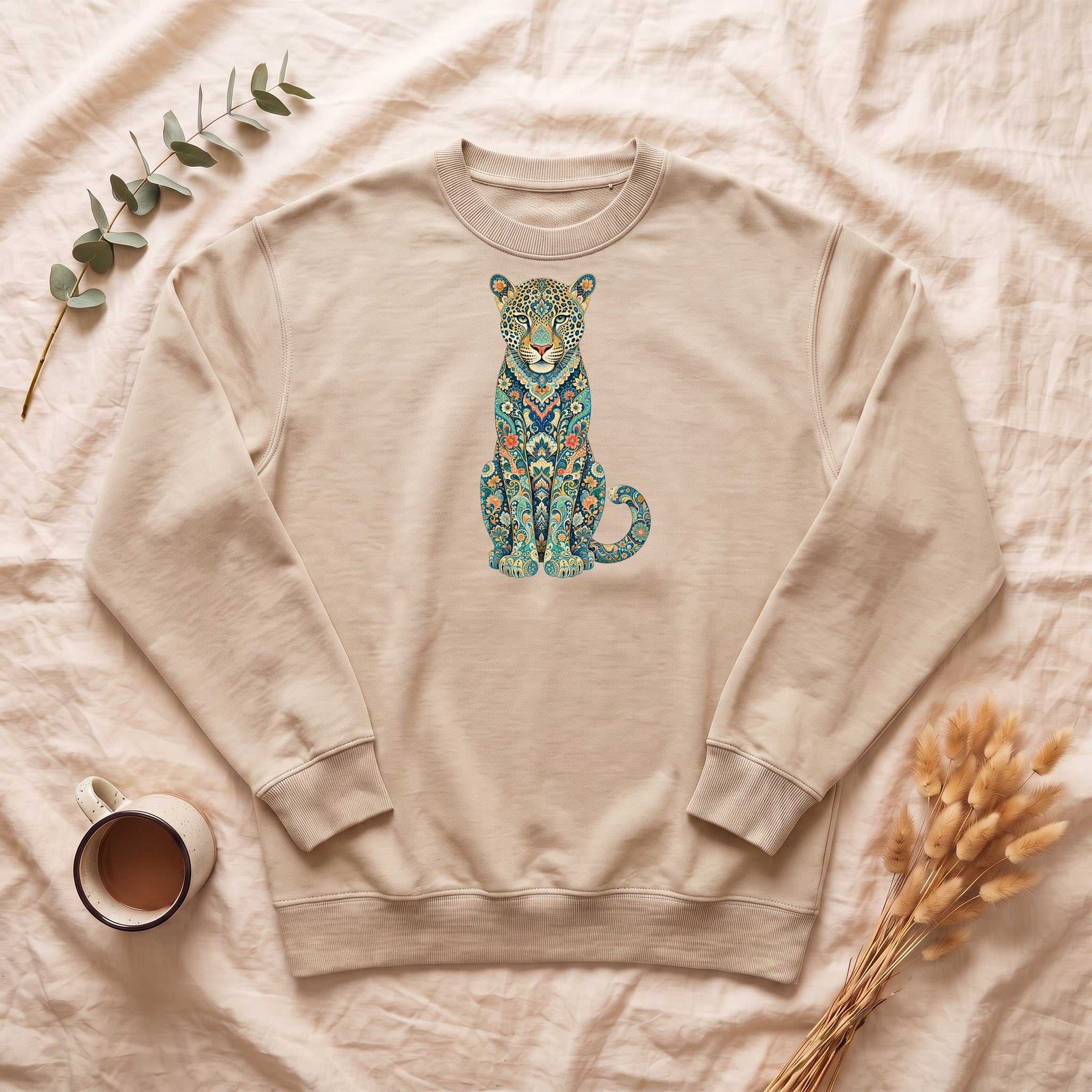 Boho Leopard Shirt, Folk Art Leopard Tee, Japanese Pattern Big Cat Lover Gift, Vintage Floral Leopard Sweatshirt