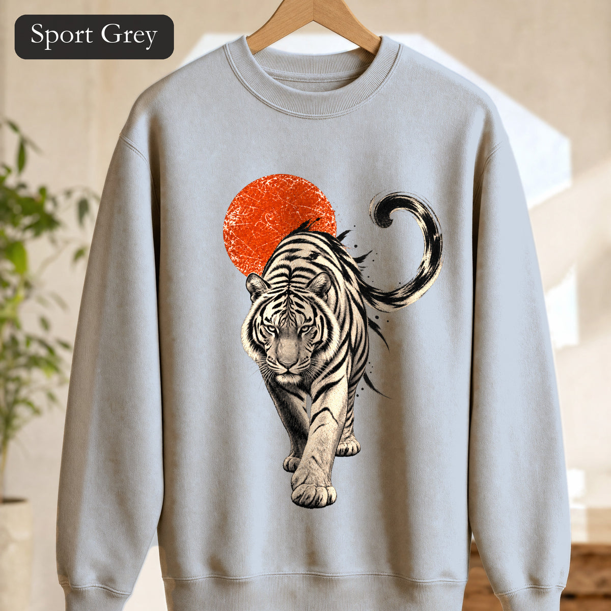 White Tiger with Red Sun Sweatshirt, Japanese Woodblock Tiger Crewneck, Red Sun Graphic Gift, Asian Art Sweatshirt