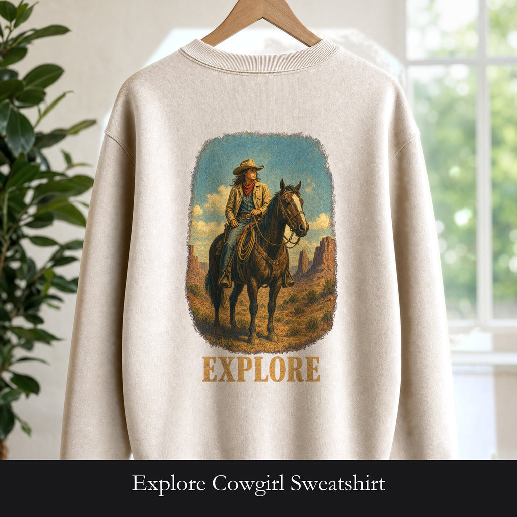 Explore Cowgirl Sweatshirt, Vintage Western Horse Crewneck, Desert Trail Rider Sweatshirt, Sheriff Star Cowgirl Gift