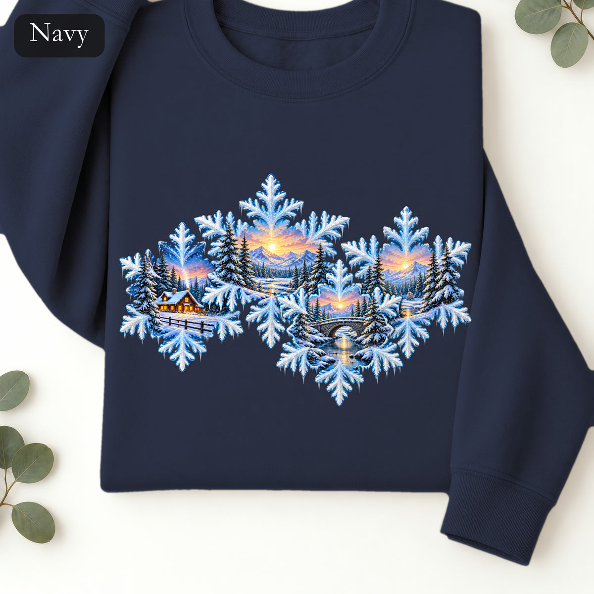 Snowflake Scenic Sunset Crewneck Sweatshirt | Winter Lake Landscape
