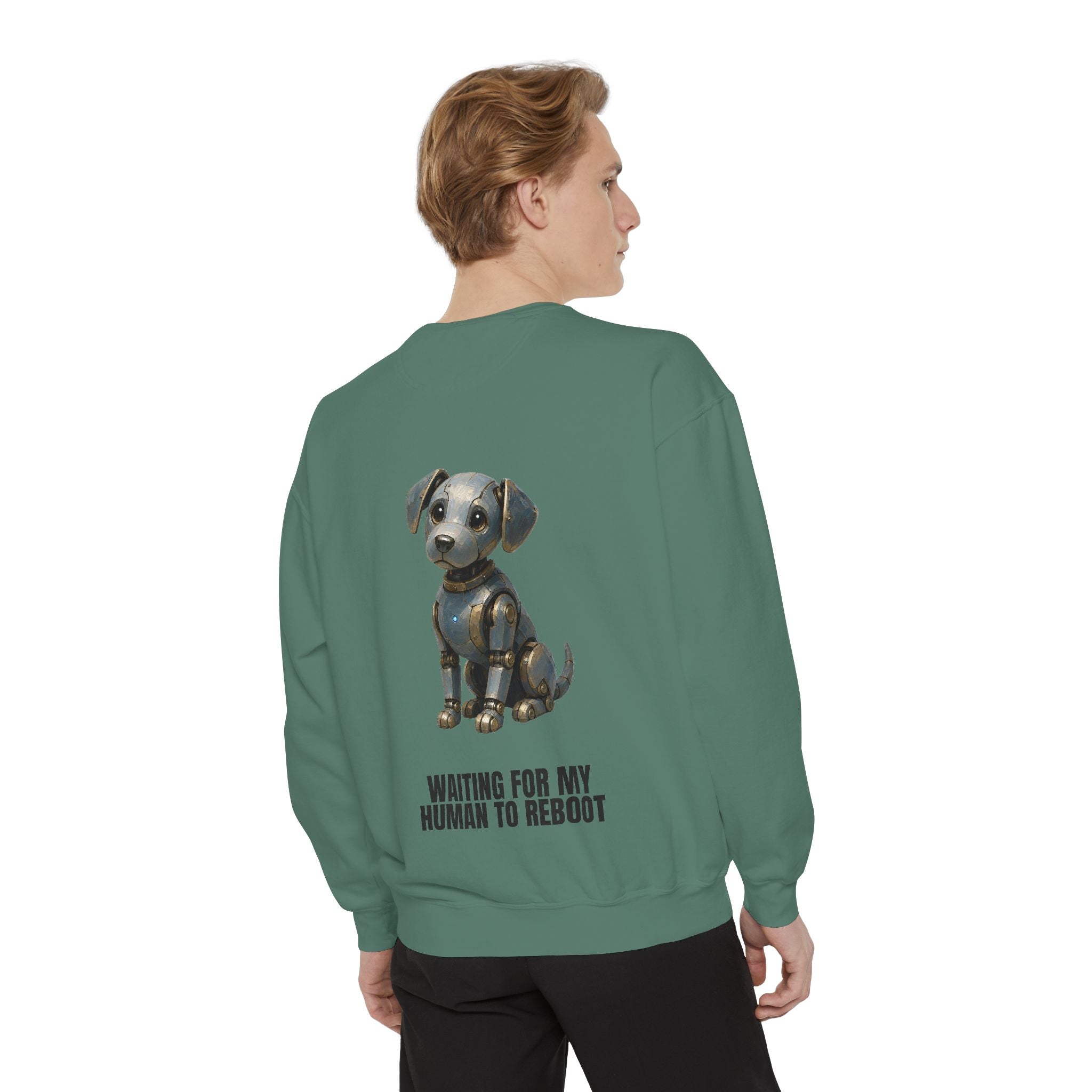Waiting for My Human to Reboot Shirt, Funny Robot Dog Tee, Tech Programmer Gift, Sci-Fi AI Humor Sweatshirt