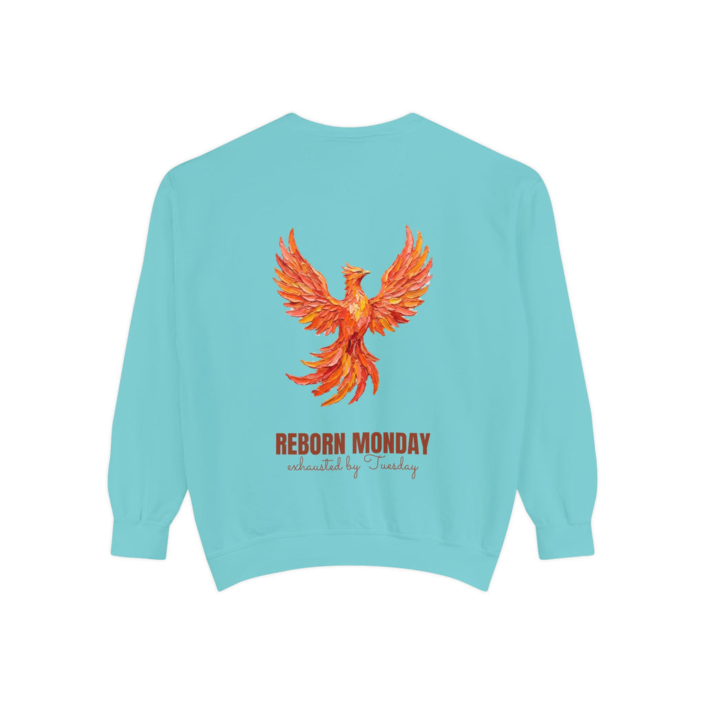 Reborn Monday Exhausted by Tuesday Shirt, Funny Phoenix Tee, Work Week Humor Gift, Painterly Fantasy Sweatshirt