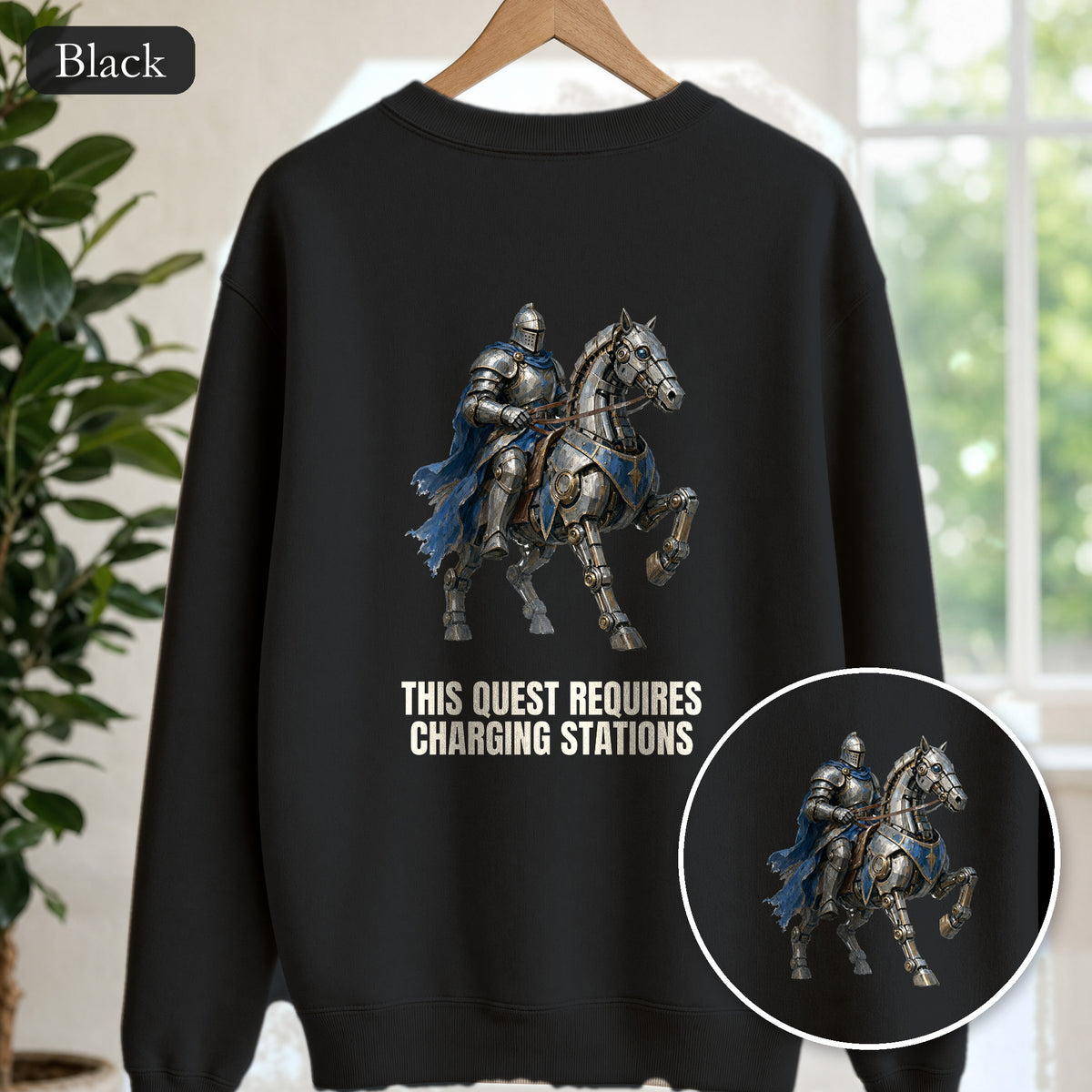 This Quest Requires Charging Stations Shirt, Knight Robot Horse Tee, Funny Gamer Tech Gift, Sci-Fi Fantasy Sweatshirt