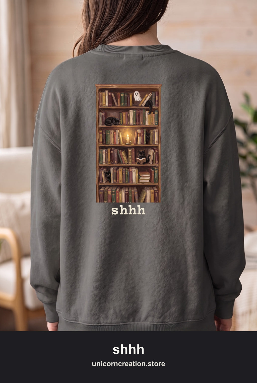 Shhh Librarian Cats Bookcase Sweatshirt, Dark Academia Library Crewneck, Cozy Bookish Sweatshirt, Book Lover Librarian Gift