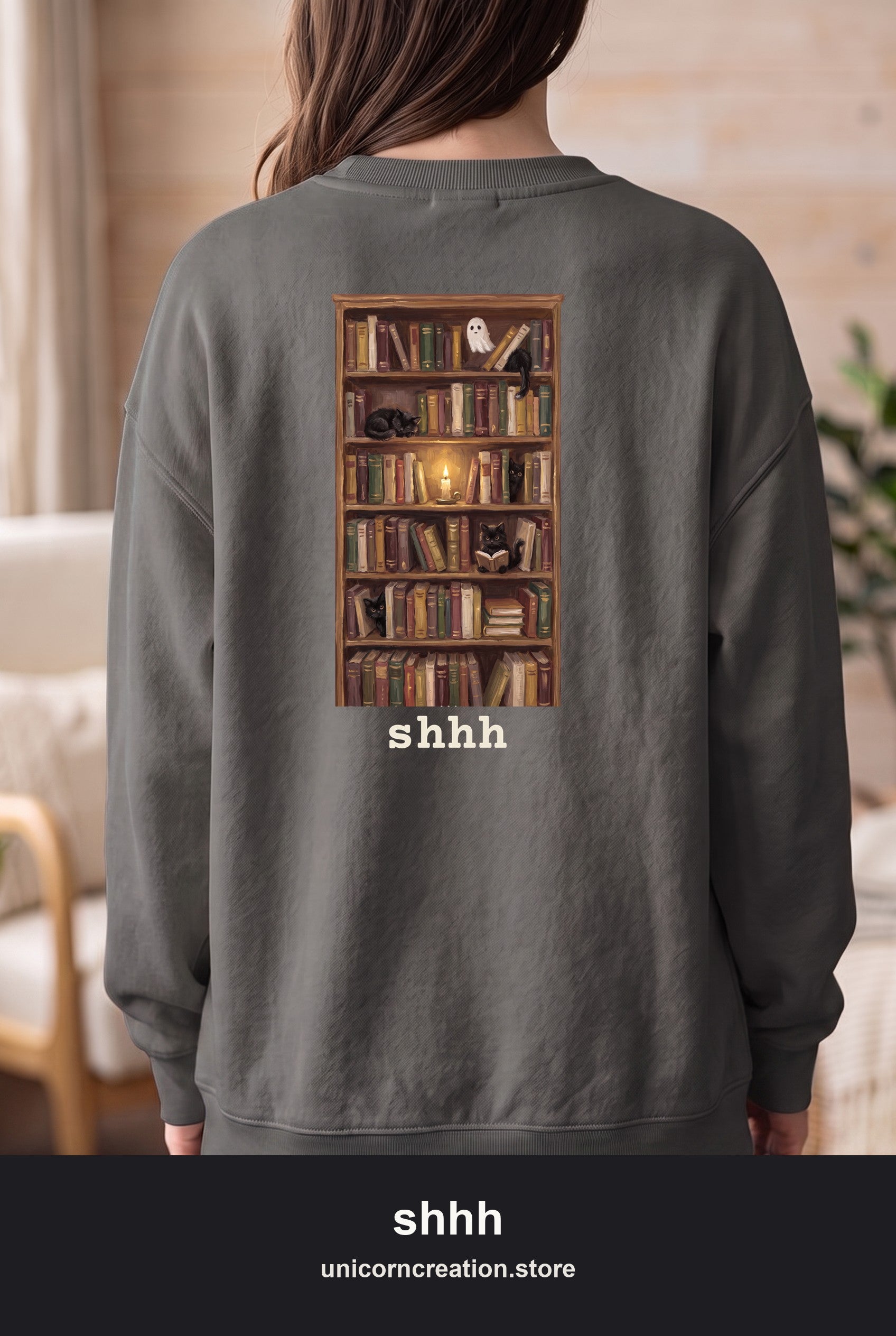 Shhh Librarian Cats Bookcase Sweatshirt, Dark Academia Library Crewneck, Cozy Bookish Sweatshirt, Book Lover Librarian Gift