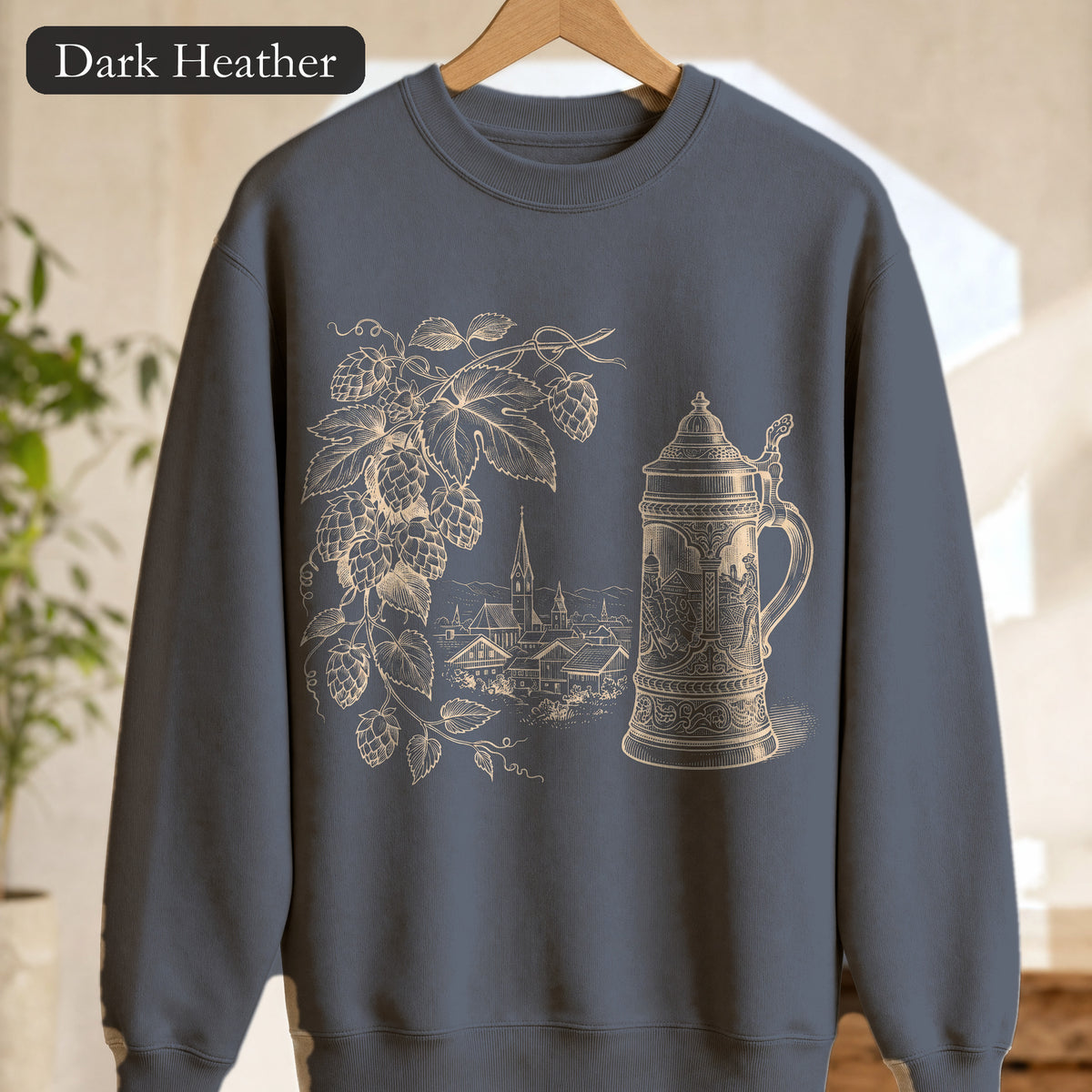 Vintage Beer Stein Illustration Sweatshirt | Hops Vine Scenic Design