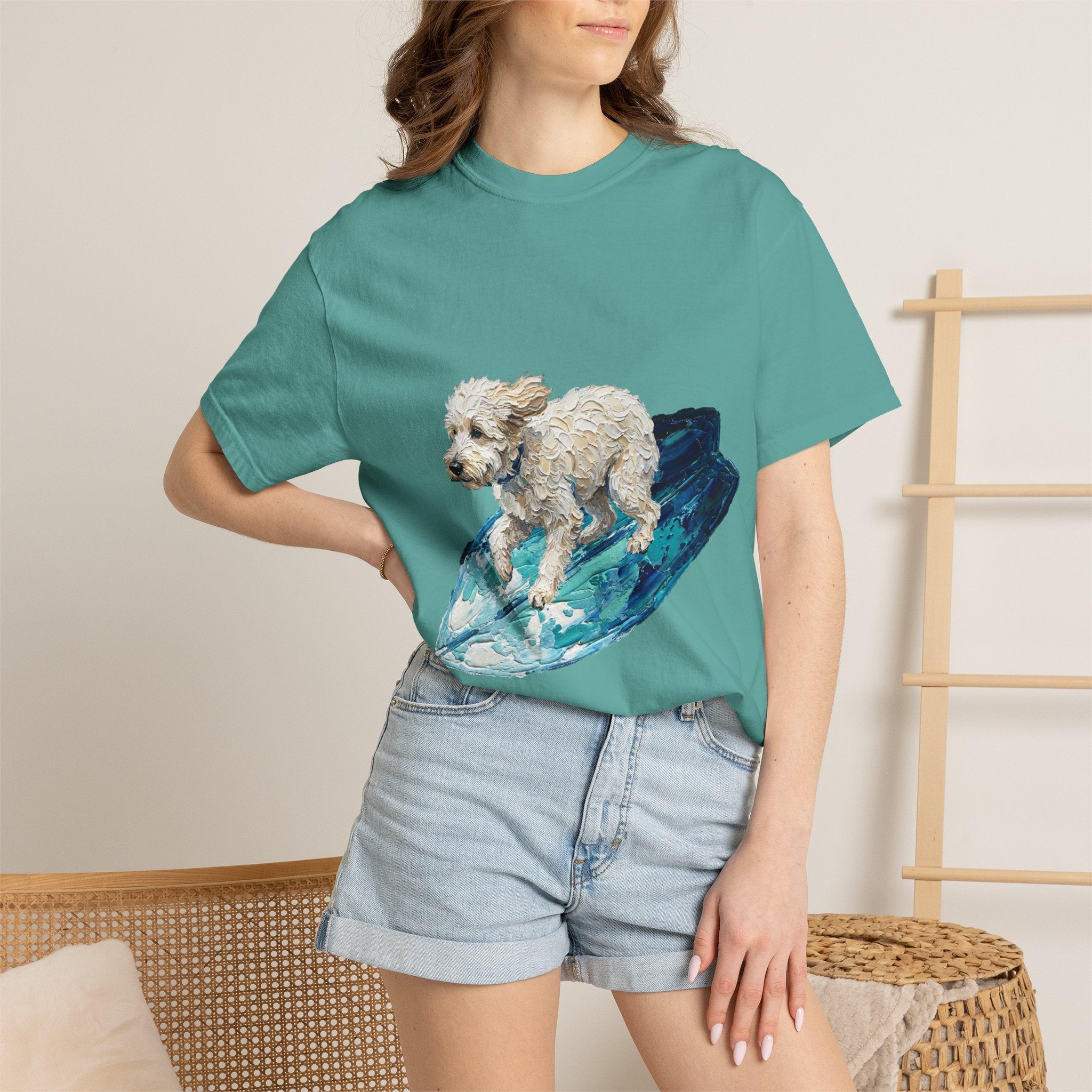 Surfing Dog Shirt, Painterly Surf Dog Tee, Beach Coastal Dog Lover Gift, Summer Ocean Dog Mom Sweatshirt