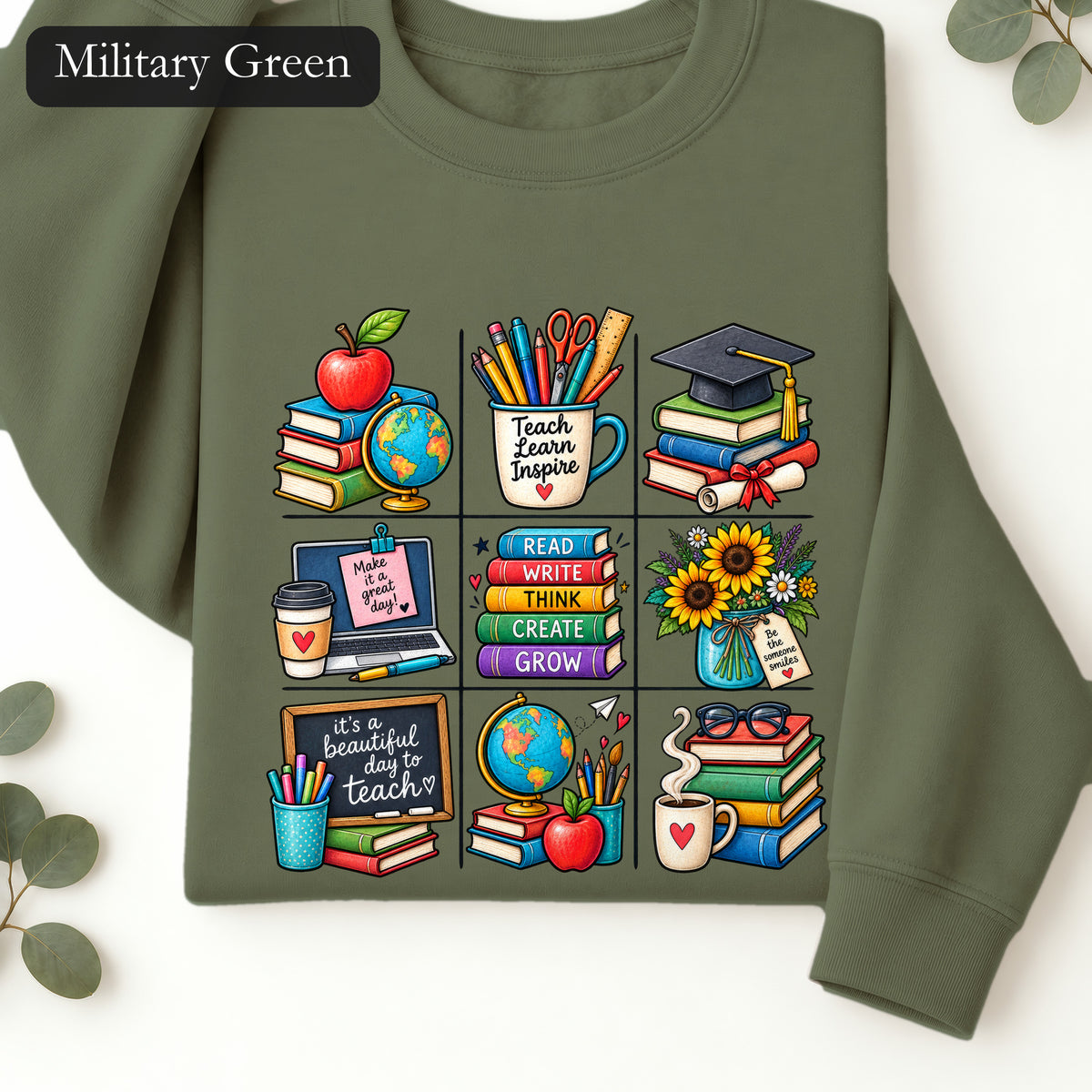 Teacher Classroom Icons Sweatshirt | Books, Globe, Apple, Chalkboard