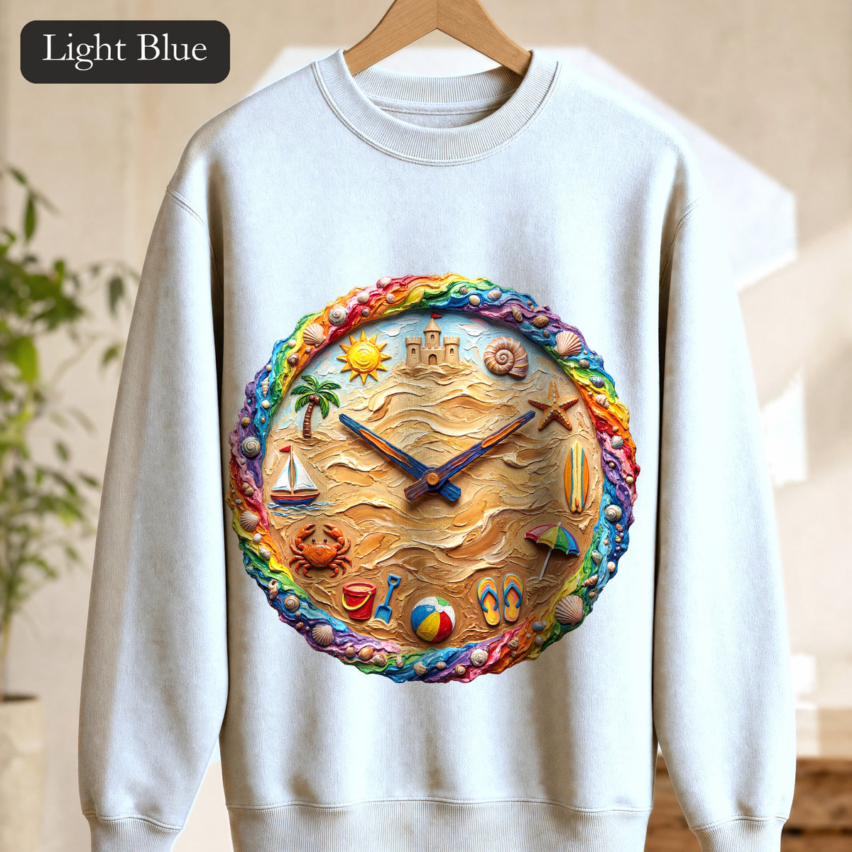 Beach Clock Shirt, Dreamy Coastal Art Tee, Surreal Beach Lover Gift, Summer Ocean Sweatshirt