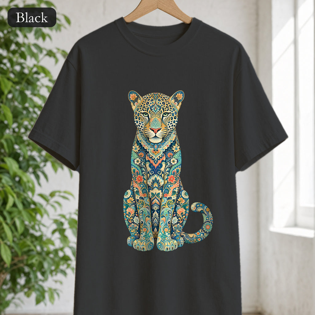 Boho Leopard Shirt, Folk Art Leopard Tee, Japanese Pattern Big Cat Lover Gift, Vintage Floral Leopard Sweatshirt