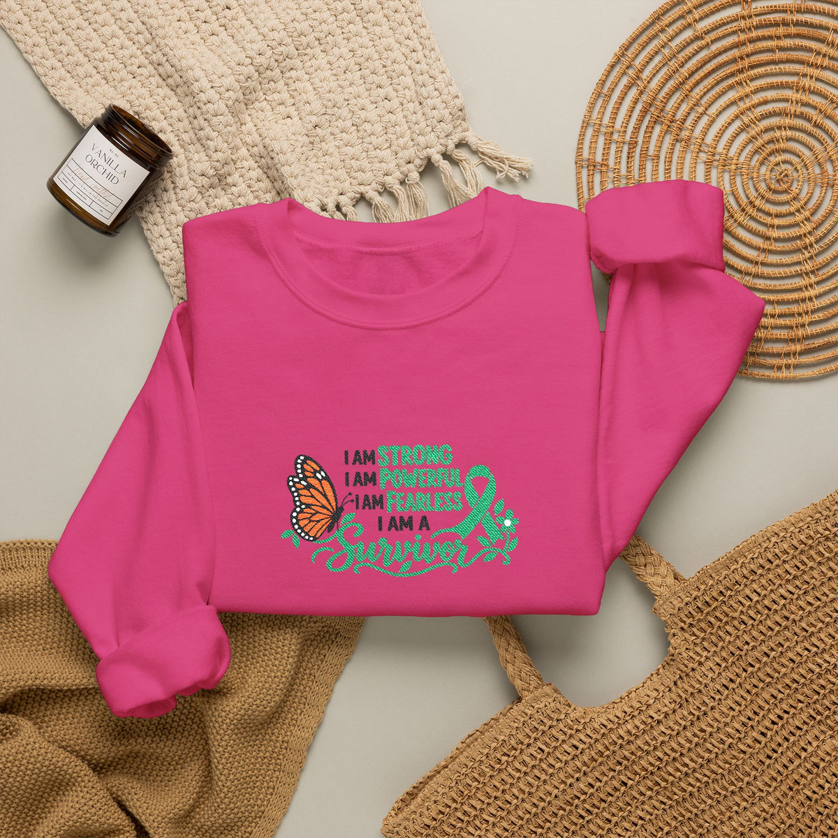 Embroidered Cancer Survivor Ribbon & Butterfly Crewneck Sweatshirt | Survivor Awareness