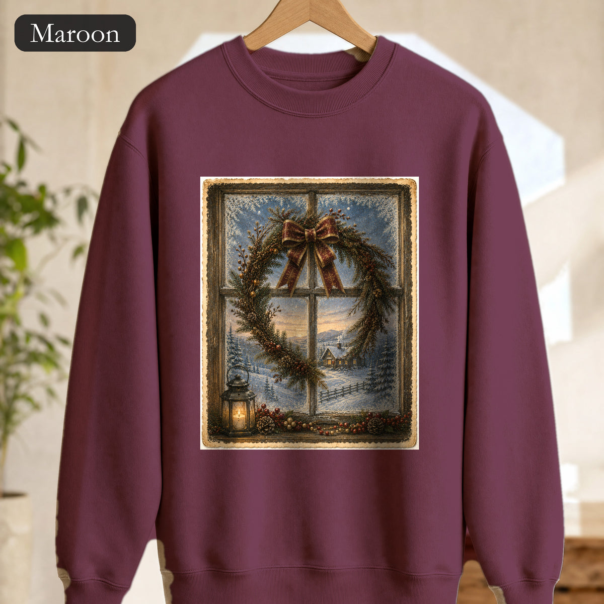 Winter Wreath Window Scene Sweatshirt | Vintage Holiday Postcard